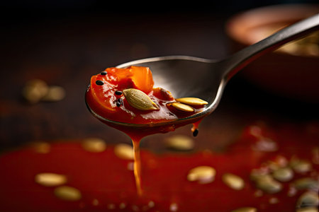close-up of spoonful of gazpacho, with droplets and seeds visible, created with generative aiの素材
