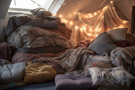 soft blanket and pillow fort, with pillows and cushions piled high, created with generative aiの素材