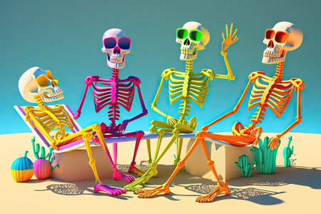 happy multi-colored cartoon skeletons relax in summer sun, created with generative aiの素材