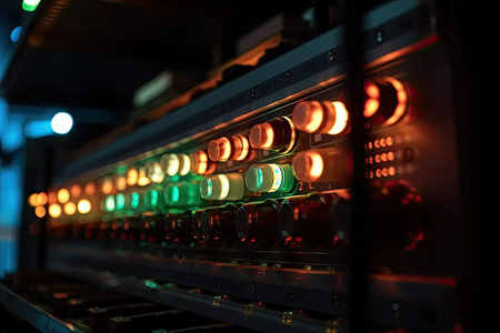 close-up of server rack with blinking lights in data center, created with generative aiの素材
