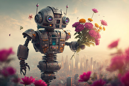 cute robot floats above bouquet of flowers, with view of futuristic city in the background, created with generative aiの素材