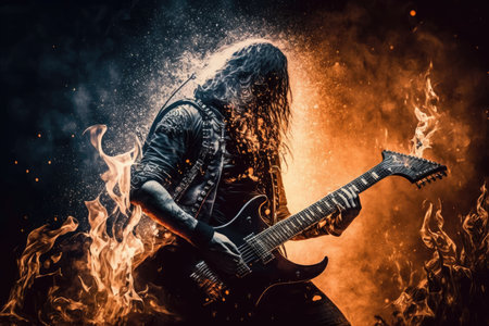 heavy metal guitarist playing solo, with smoke and flames in the background, created with generative aiの素材
