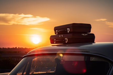 close-up of suitcases on car roof with sunset in the background, created with generative aiの素材