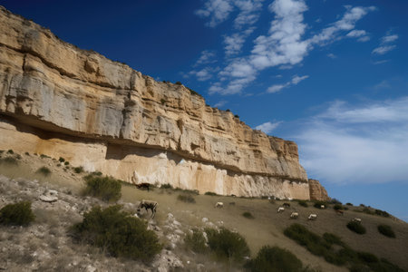 tall cliff and sky with ibex grazing in the distance, created with generative aiの素材