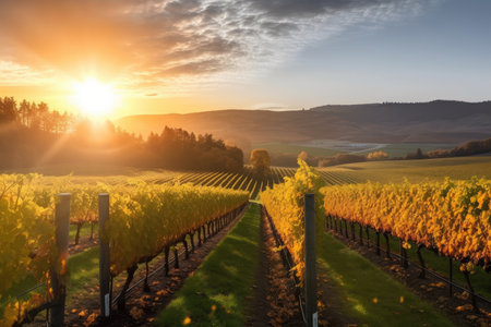 vineyard with rolling hills and autumn sun setting in the background, created with generative aiの素材