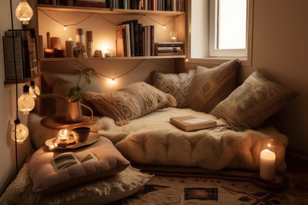 a cozy reading nook, with soft blankets, pillows and books, created with generative aiの素材