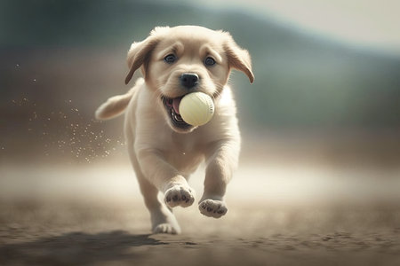 cute puppy playing with ball, chasing and retrieving it over and over again, created with generative aiの素材