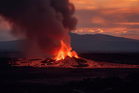 volcanic eruption, with lava flow streaming down the side of a volcano, setting fire to the surrounding landscape, created with generative aiの素材