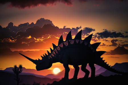 dramatic sunset, with silhouette of stegosaurus dinosaur against the sky, created with generative aiの素材