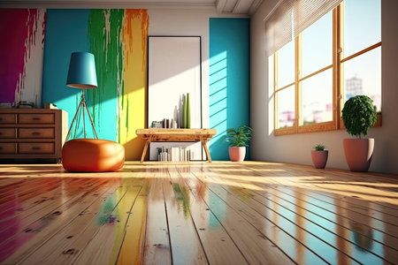 interior of room with wooden flooring without furniture in bright colors, created with generative aiの素材