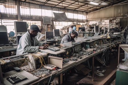 electronic recycling facility, with workers sorting and dismantling e-waste, created with generative aiの素材