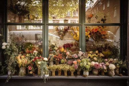 window display with a variety of flowers and plants, bringing beauty to the streets, created with generative aiの素材