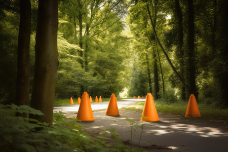 traffic cones in a beautiful natural setting, surrounded by trees and greenery, created with generative aiの素材