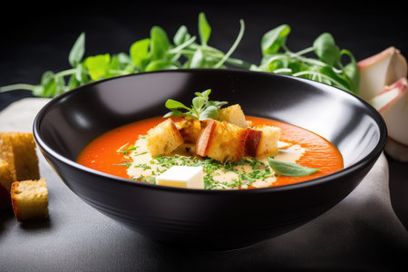 bowl of gazpacho topped with fresh herbs, croutons and cheese, created with generative aiの素材