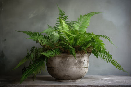 a lush green fern in a weathered concrete pot, created with generative aiの素材