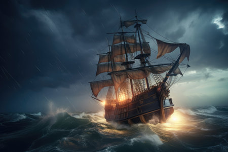 pirate ship sailing through stormy sea, with lightning striking the water, created with generative aiの素材