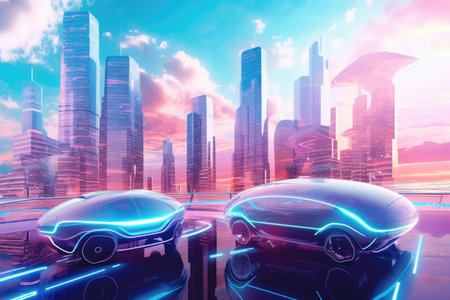 digital holographic background of futuristic cityscape, with flying cars and towering buildings, created with generative aiの素材