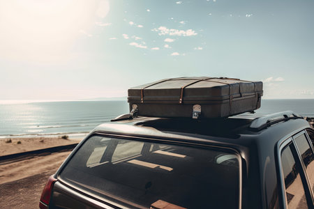 suitcase on roof of car with view of sunny beach as the destination, created with generative aiの素材