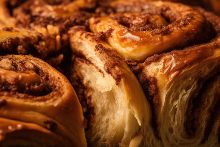 close-up of cinnamon bun, showing intricate swirls and layers, created with generative aiの素材