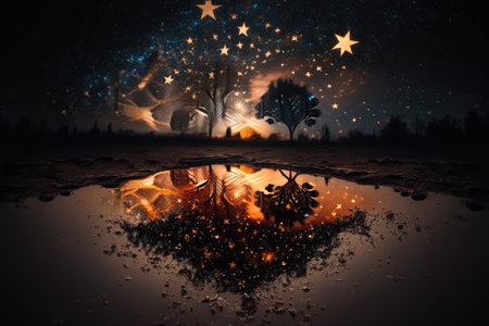 puddle, reflecting the night sky with stars shining above, created with generative aiの素材