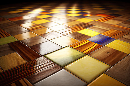 colourful tiles of beige and yellow streaks on beautiful varnished hardwood floor, created with generative aiの素材