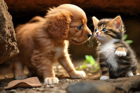 puppy and kitten playing together, showing their unique mix of personalities, created with generative aiの素材