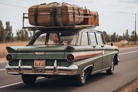 a vintage car, with its roof loaded down with suitcases and bags, driving away from the airport, created with generative aiの素材