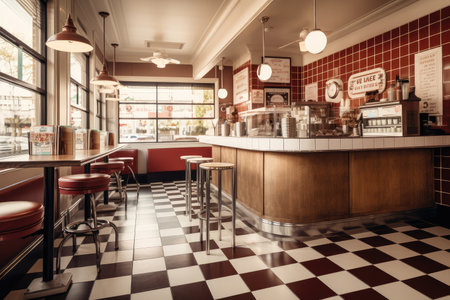 fast food restaurant with vintage, retro decor and stone tile floors, created with generative aiの素材