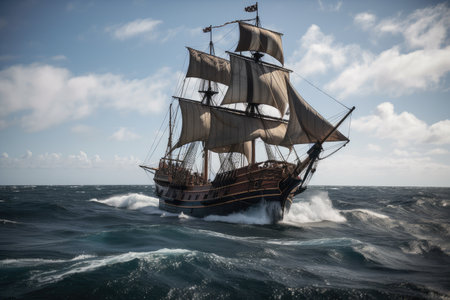 pirate ship under full sail, with the wind blowing and waves crashing, created with generative aiの素材