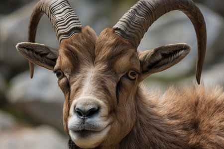 close-up of the majestic face of an ibex, with its horns and fur in full view, created with generative aiの素材