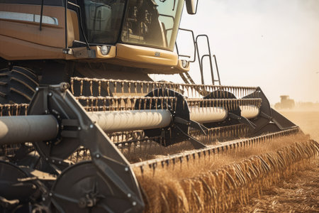 close-up of combine harvester, with its blades and conveyor belt in motion, created with generative aiの素材