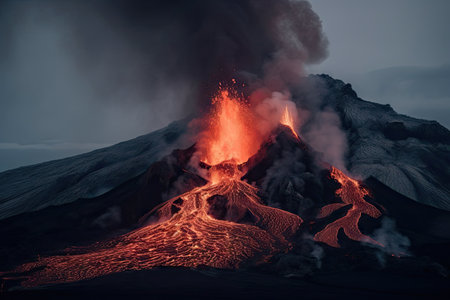 volcanic eruption, with lava flowing down the side of a mountain range, created with generative aiの素材