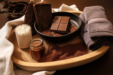 chocolate spa experience, with decadent hot chocolate and a warm towel wrap, created with generative aiの素材