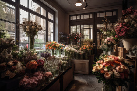 alluring flower shop, with a variety of blooms and greenery in view, created with generative aiの素材