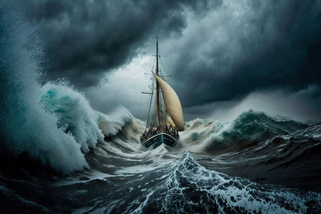 sailing in a storm terrifying waves and gusts of wind, created with generative aiの素材