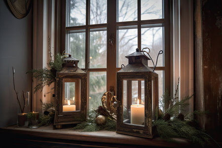 rustic window with lanterns and greenery for holiday decor, created with generative aiの素材