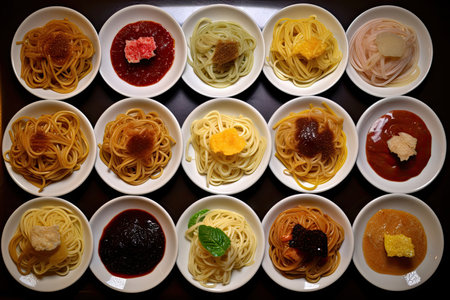 plate of assorted pastas, each with different sauce combinations, created with generative aiの素材