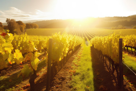 autumn sun shining on vineyard, with rows of grapevines in the background, created with generative aiの素材