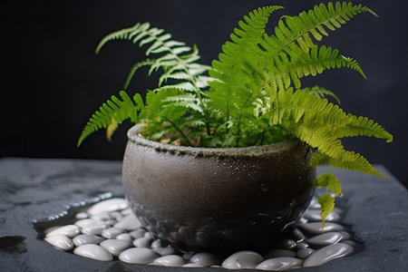 a lush fern in a concrete flowerpot with water and pebbles, created with generative aiの素材
