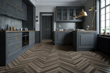 parquet pattern grey wooden flooring in kitchen interior design, created with generative aiの素材