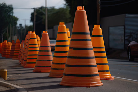 a stack of traffic cones, ready for a construction zone, created with generative aiの素材