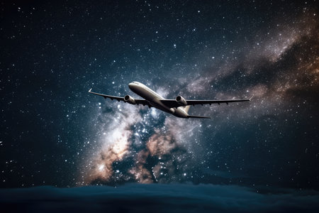 space tourism flight over the dazzling night sky, with stars shining bright, created with generative aiの素材