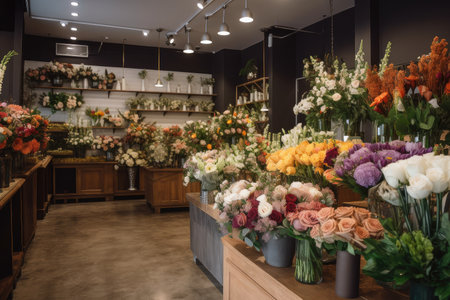 an elegant flower shop with a variety of unique and exotic blooms for any occasion, created with generative aiの素材