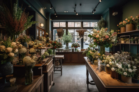 the interior of flower shop, with eye-catching arrangements and handcrafted elements, created with generative aiの素材