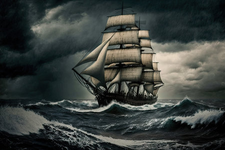 ship approaching shore in storm sailing in a storm, created with generative aiの素材