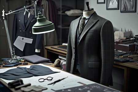 modern tailor shop, with cutting-edge fabrics and technology, catering to the fashion-forward customer, created with generative aiの素材
