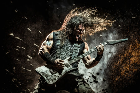 heavy metal guitarist performing solo at concert, shredding on their guitar, created with generative aiの素材