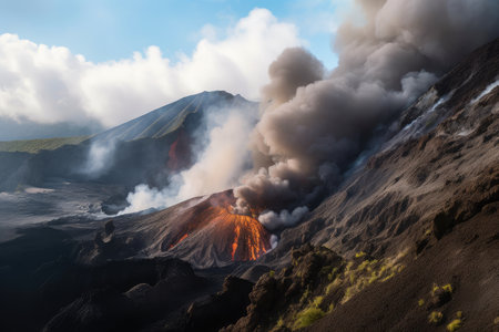 volcanic eruption, with lava flow racing down the side of the mountain and into valley below, created with generative aiの素材