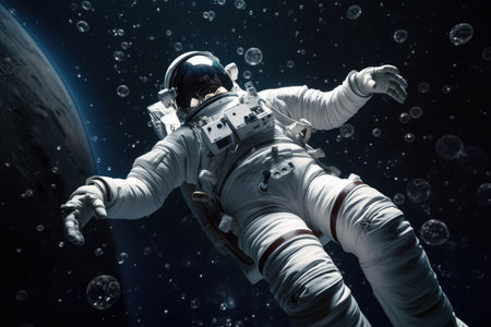 space tourist floating in zero gravity, with the stars and planets visible above, created with generative aiの素材