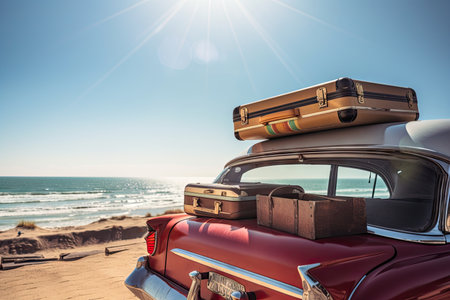 suitcases on car roof and view of sunny beach, with waves rolling in, created with generative aiの素材